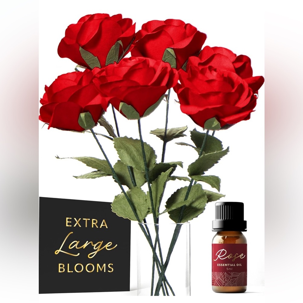 Set of 6 Handmade Roses🌹Artificial Flowers w Rose🌹Essential Oil, Card & Vase🏺